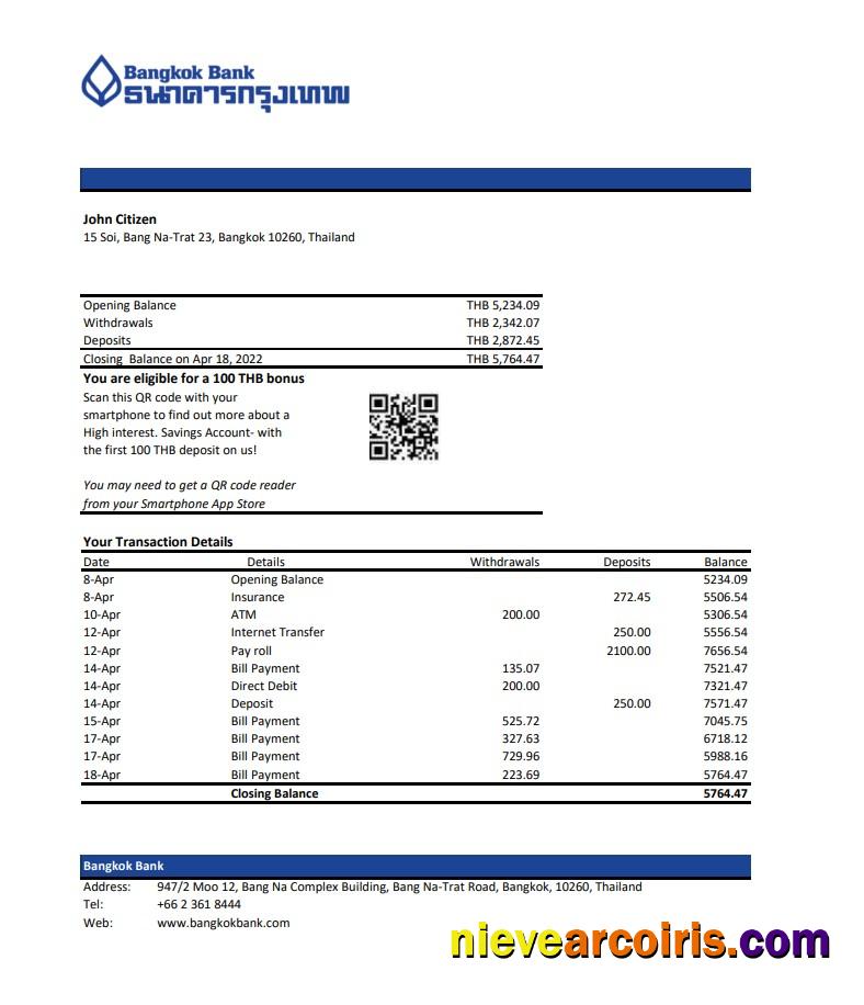 Thailand Bangkok bank statement, Excel and PDF